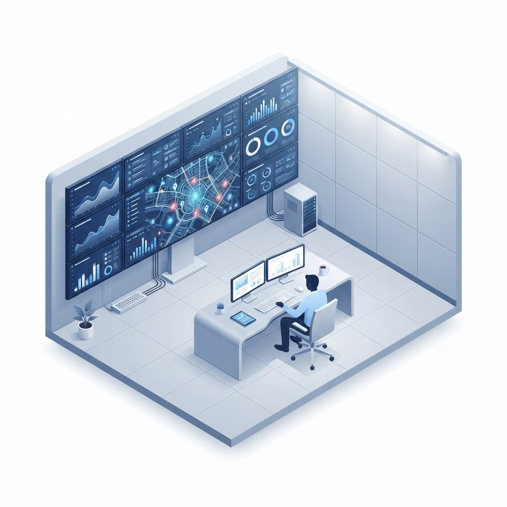 Ilustração isométrica de um centro integrado de operações com paredão de monitores e painéis de dados